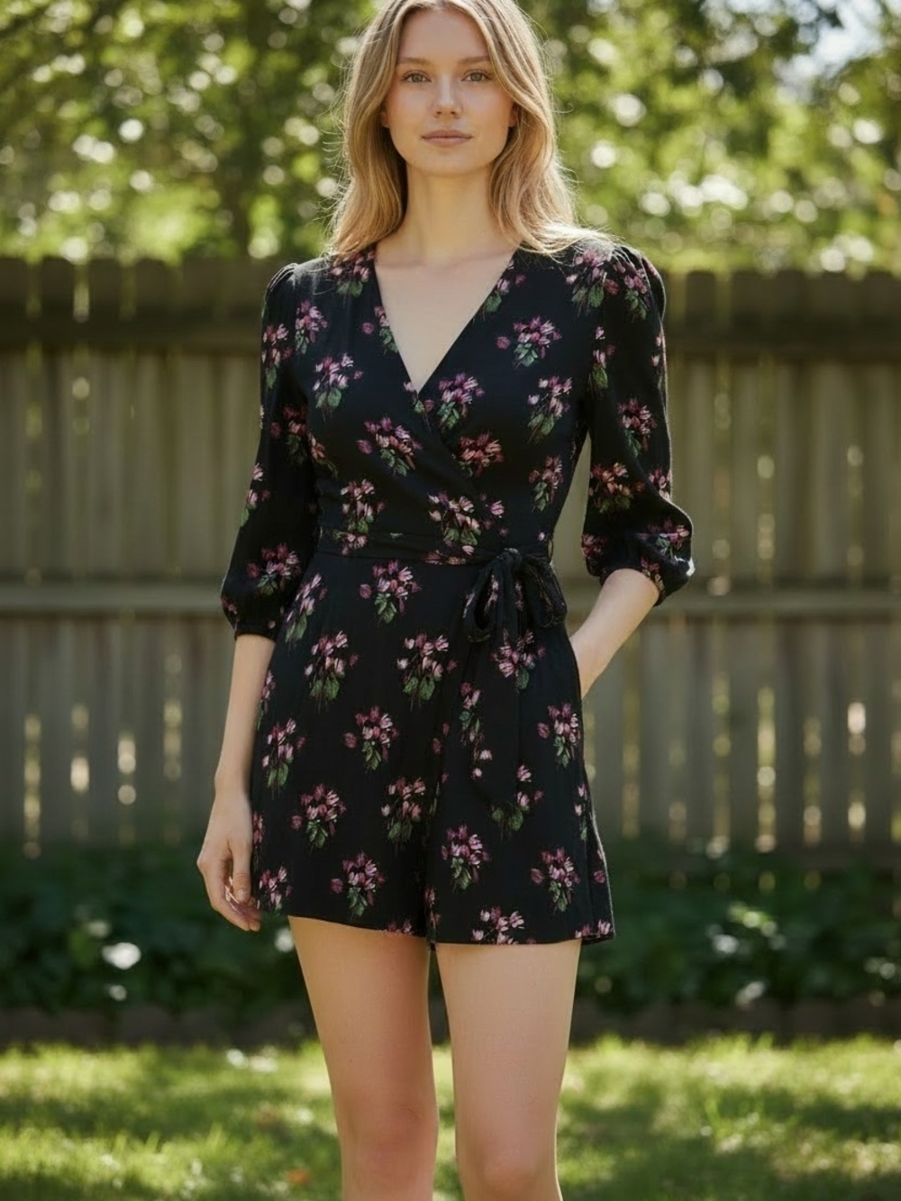 Lane Bryant Black Floral Wrap Romper with Pink Blooms